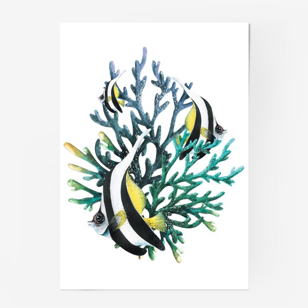 Постер «Яркие тропические рыбки полосатые в кораллах. Акварель.»