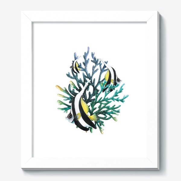 Картина «Яркие тропические рыбки полосатые в кораллах. Акварель.»