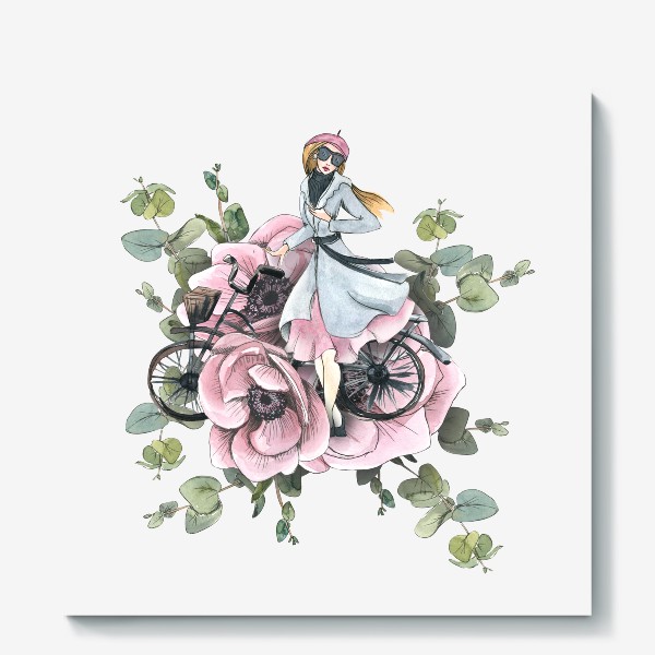 Холст &laquo;Девушка в цветах анемонах с велосипедом. Париж. Акварель.&raquo;