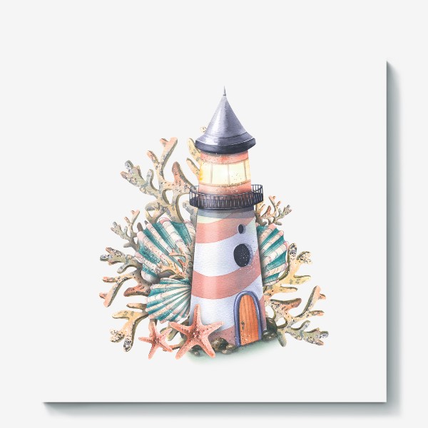 Холст &laquo;Морской маяк с кораллами, морскими звездами и ракушками. Акварель.&raquo;