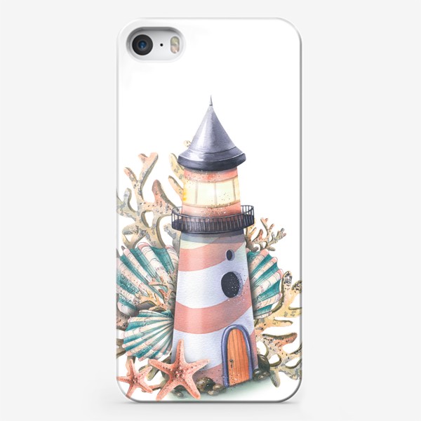 Чехол iPhone «Морской маяк с кораллами, морскими звездами и ракушками. Акварель.»