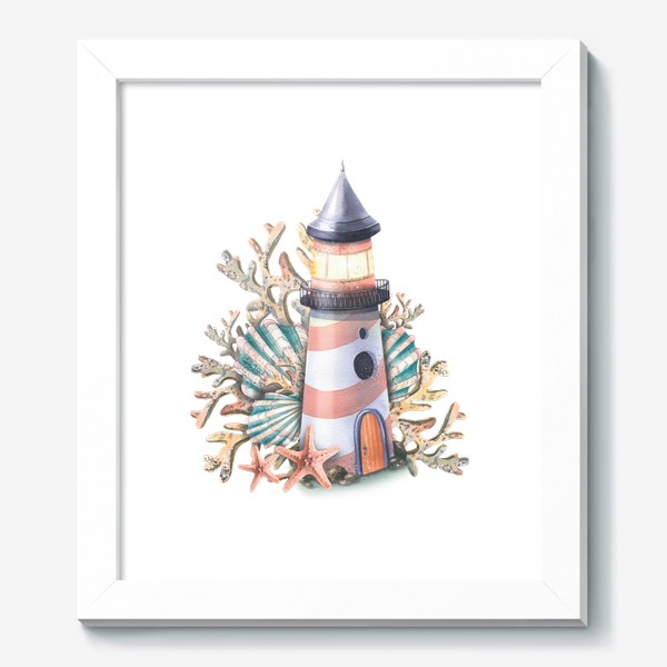 Картина «Морской маяк с кораллами, морскими звездами и ракушками. Акварель.»