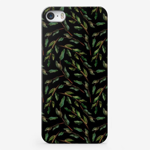 Чехол iPhone &laquo;Паттерн веточки и листья на темном фоне&raquo;