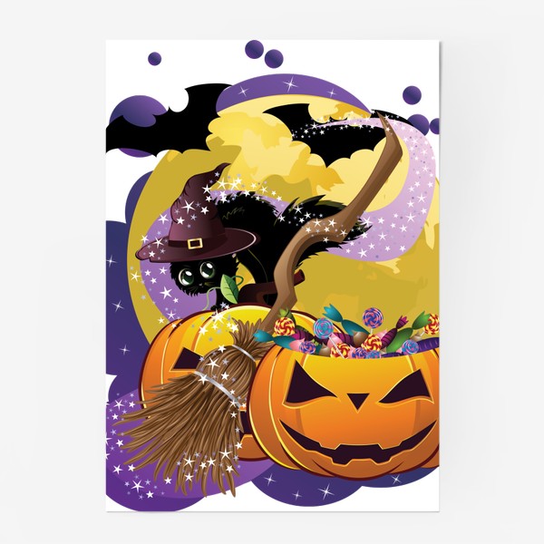 Постер «Чёрный котёнок и тыквы»