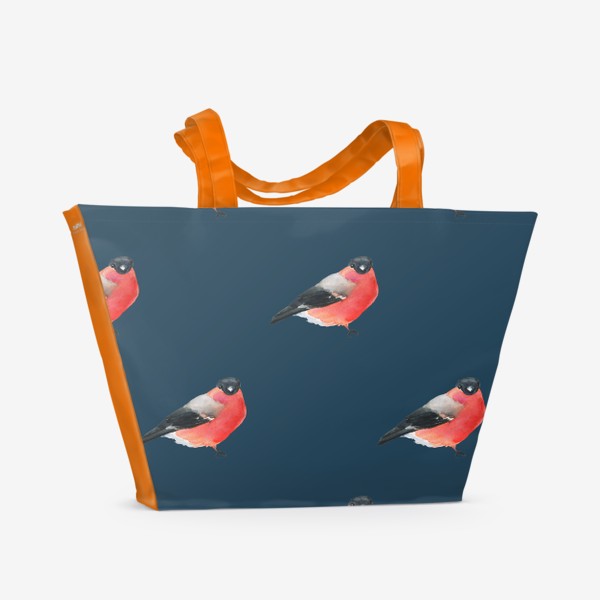 Пляжная сумка «Акварельные снегири на синем фоне, паттерн с птицами»