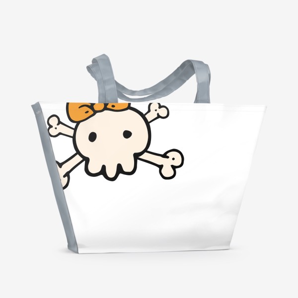 Пляжная сумка «милый череп с скрещенными костями и оранжевым бантиком на голове, детский смешной принт к хэллоуину»