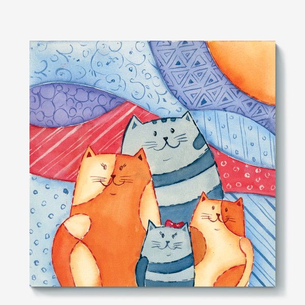 Холст «Акварельный рисунок Семья котов Котосемейка»