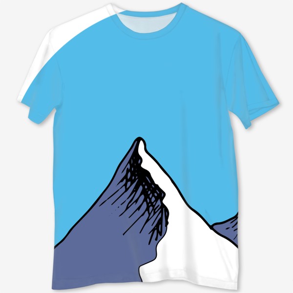 Футболка с полной запечаткой «Две снежные горы на голубом фоне неба в форме круга, серая снежная вершина горной цепи»