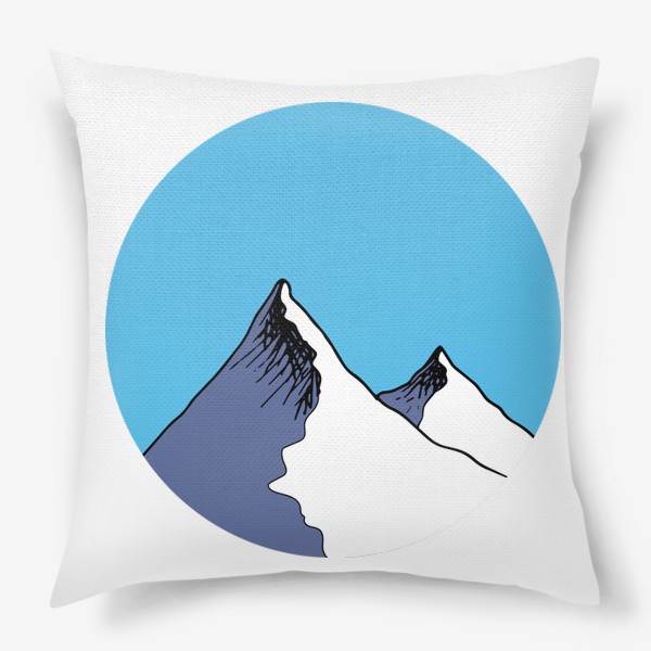 Подушка &laquo;Две снежные горы на голубом фоне неба в форме круга, серая снежная вершина горной цепи&raquo;