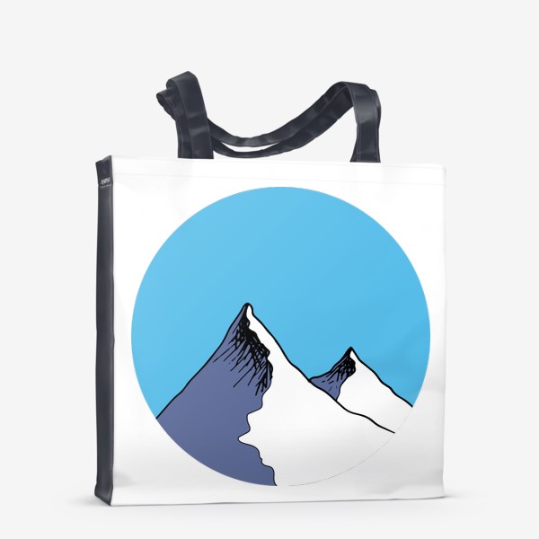 Сумка-шоппер «Две снежные горы на голубом фоне неба в форме круга, серая снежная вершина горной цепи»