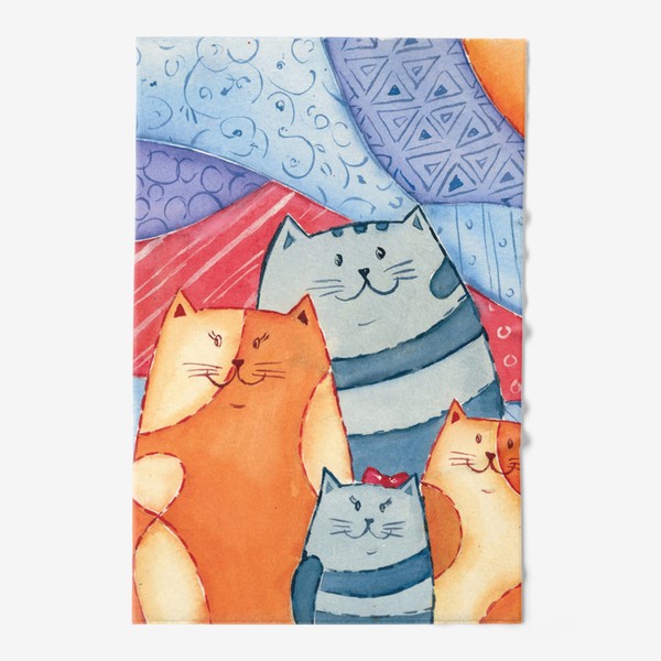 Полотенце «Акварельный рисунок Семья котов Котосемейка»
