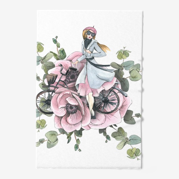 Полотенце «Девушка в цветах анемонах с велосипедом. Париж. Акварель.»