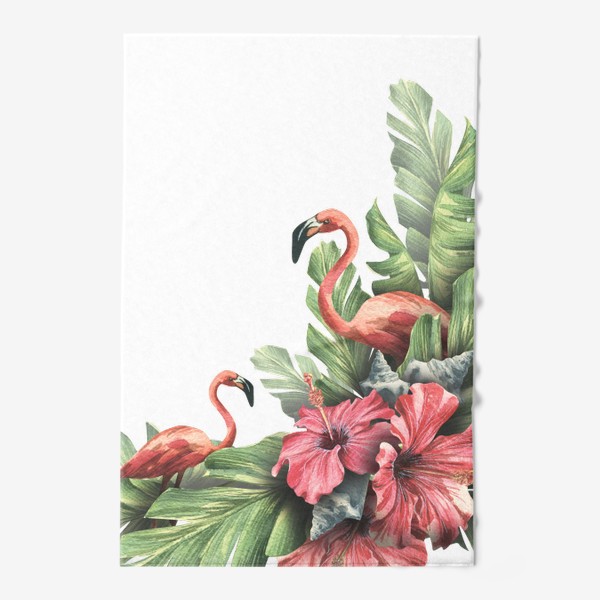 Полотенце &laquo;Розовый фламинго с цветами и тропическими листьями. Акварель.&raquo;
