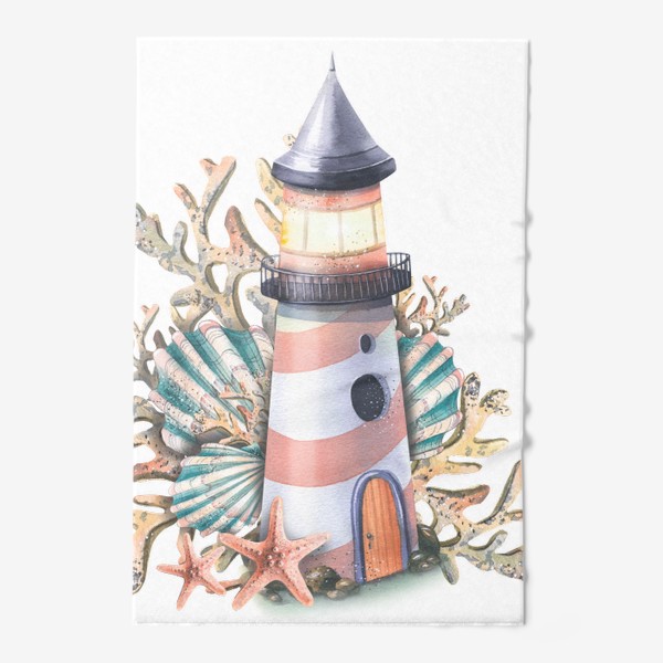 Полотенце &laquo;Морской маяк с кораллами, морскими звездами и ракушками. Акварель.&raquo;