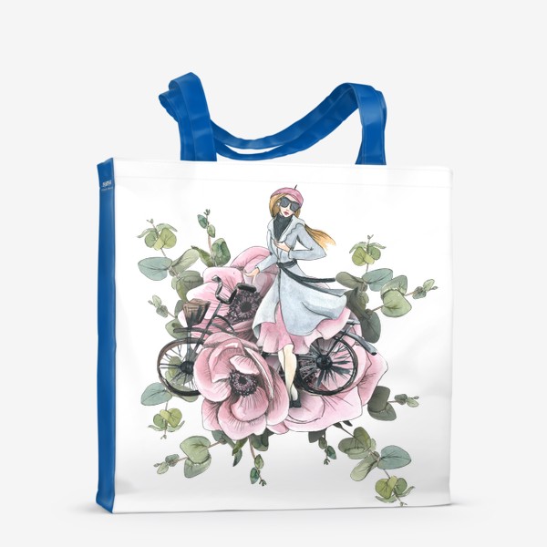 Сумка-шоппер &laquo;Девушка в цветах анемонах с велосипедом. Париж. Акварель.&raquo;