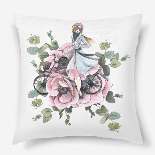 Подушка &laquo;Девушка в цветах анемонах с велосипедом. Париж. Акварель.&raquo;