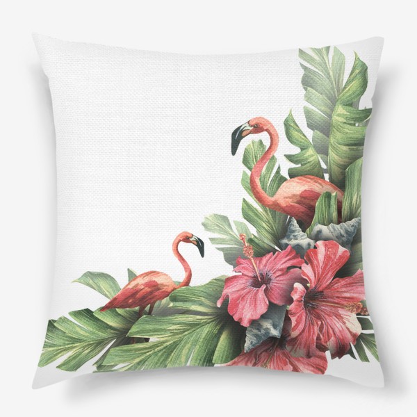Подушка «Розовый фламинго с цветами и тропическими листьями. Акварель.»