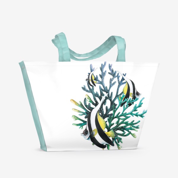 Пляжная сумка &laquo;Яркие тропические рыбки полосатые в кораллах. Акварель.&raquo;