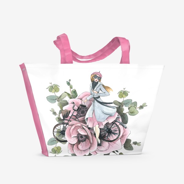Пляжная сумка &laquo;Девушка в цветах анемонах с велосипедом. Париж. Акварель.&raquo;