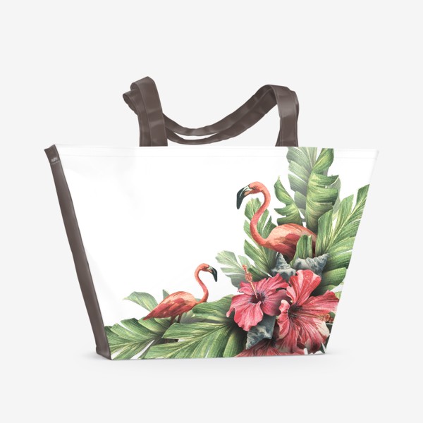 Пляжная сумка «Розовый фламинго с цветами и тропическими листьями. Акварель.»