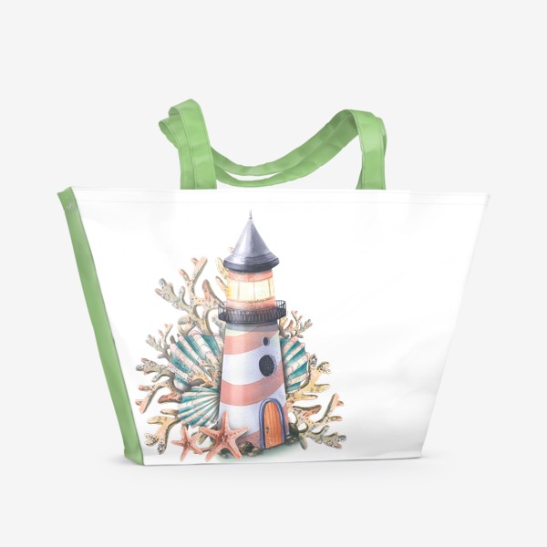 Пляжная сумка &laquo;Морской маяк с кораллами, морскими звездами и ракушками. Акварель.&raquo;