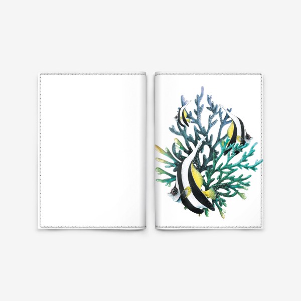 Обложка для паспорта «Яркие тропические рыбки полосатые в кораллах. Акварель.»