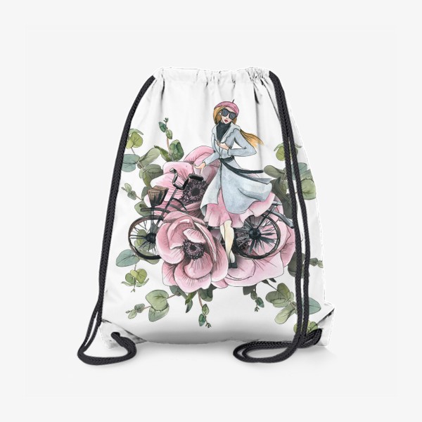 Рюкзак «Девушка в цветах анемонах с велосипедом. Париж. Акварель.»