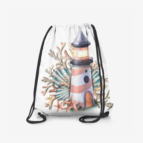 Рюкзак «Морской маяк с кораллами, морскими звездами и ракушками. Акварель.»