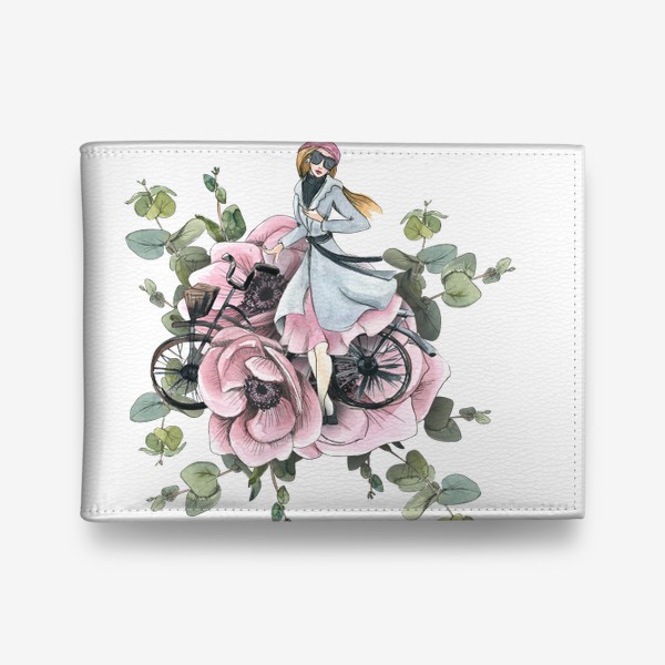 Кошелек «Девушка в цветах анемонах с велосипедом. Париж. Акварель.»