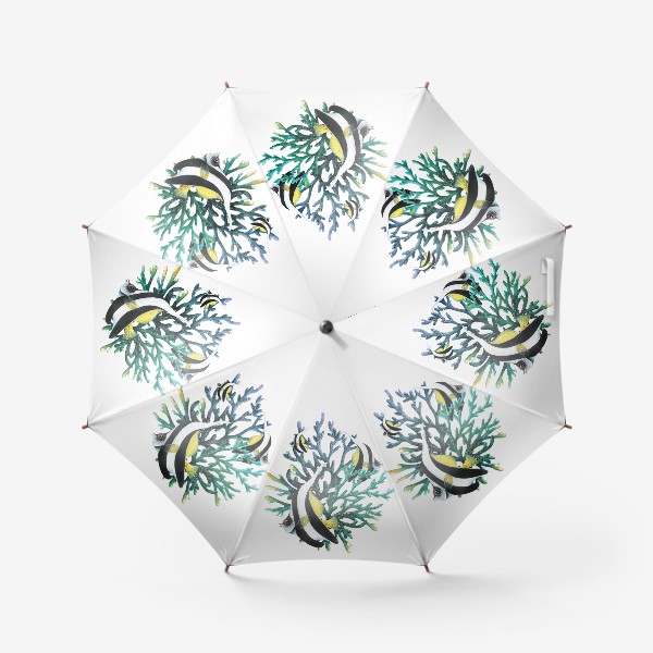 Зонт «Яркие тропические рыбки полосатые в кораллах. Акварель.»