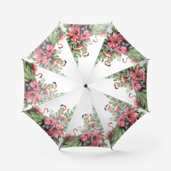 Зонт «Розовый фламинго с цветами и тропическими листьями. Акварель.»