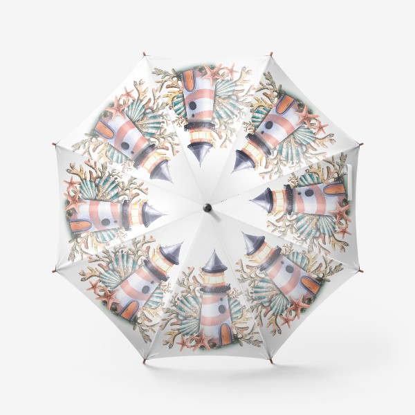 Зонт &laquo;Морской маяк с кораллами, морскими звездами и ракушками. Акварель.&raquo;