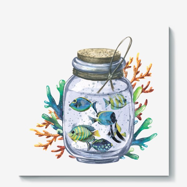 Холст «Тропические рыбки в стеклянной банке с кораллами. Акварельная иллюстрация.»