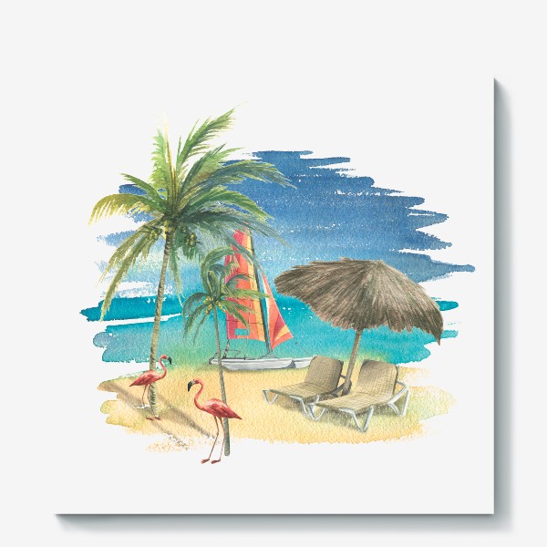 Холст &laquo;Тропический пляж с яхтой, пальмами и розовыми фламинго. Акварель&raquo;