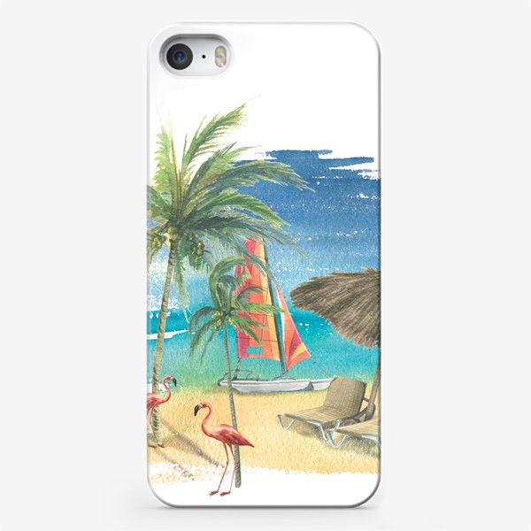 Чехол iPhone &laquo;Тропический пляж с яхтой, пальмами и розовыми фламинго. Акварель&raquo;