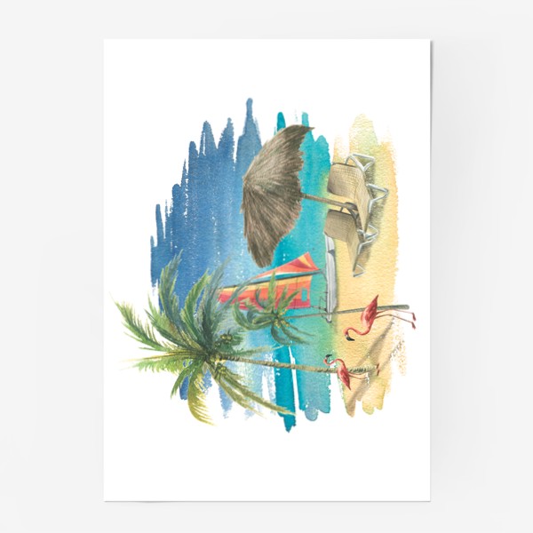 Постер «Тропический пляж с яхтой, пальмами и розовыми фламинго. Акварель»