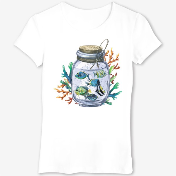 Футболка «Тропические рыбки в стеклянной банке с кораллами. Акварельная иллюстрация.»