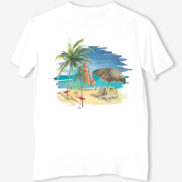 Футболка «Тропический пляж с яхтой, пальмами и розовыми фламинго. Акварель»