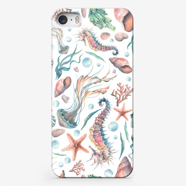 Чехол iPhone «Морской паттерн, медузы, ракушки, кораллы, морской конек. Акварель.»