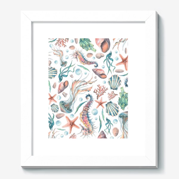 Картина «Морской паттерн, медузы, ракушки, кораллы, морской конек. Акварель.»