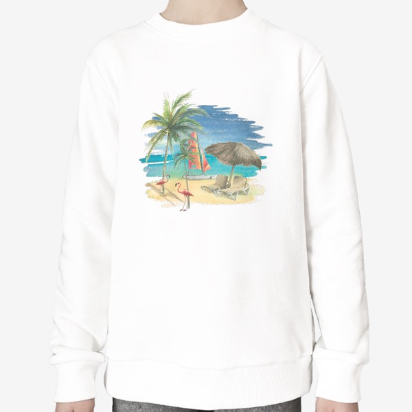 Свитшот «Тропический пляж с яхтой, пальмами и розовыми фламинго. Акварель»