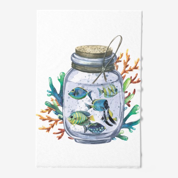 Полотенце «Тропические рыбки в стеклянной банке с кораллами. Акварельная иллюстрация.»