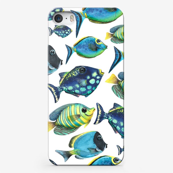 Чехол iPhone «Яркие тропические рыбки на белом фоне. Акварельный паттерн.»