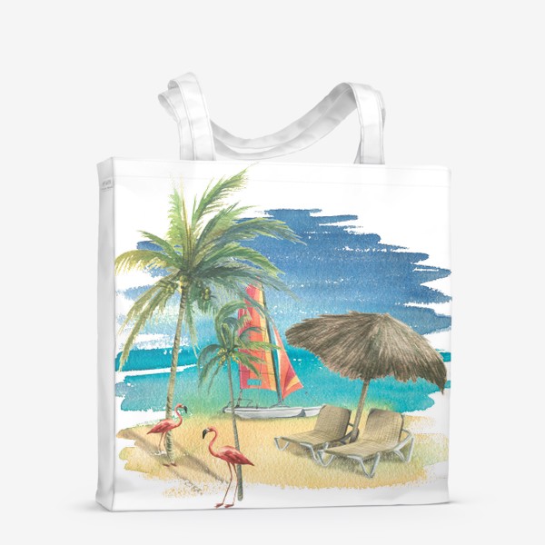 Сумка-шоппер «Тропический пляж с яхтой, пальмами и розовыми фламинго. Акварель»