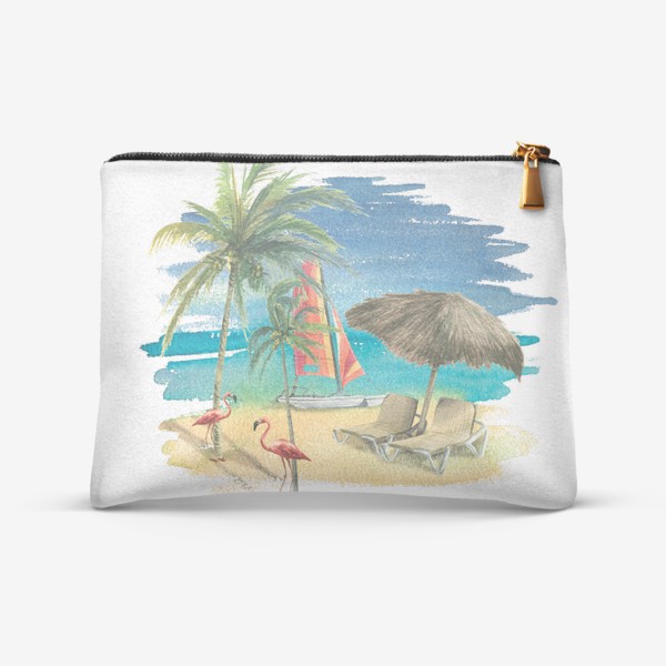 Косметичка &laquo;Тропический пляж с яхтой, пальмами и розовыми фламинго. Акварель&raquo;