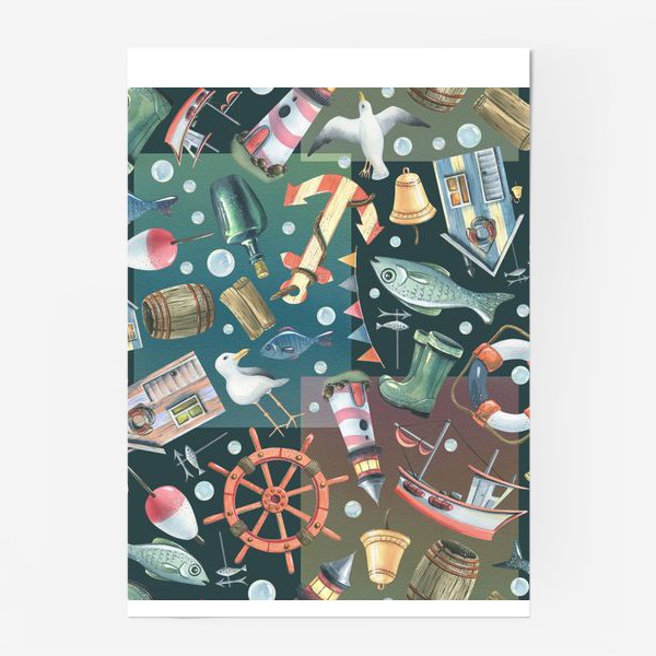 Постер «Морской паттерн с маяком, корабликом, рыбками. Темный, акварельный.»