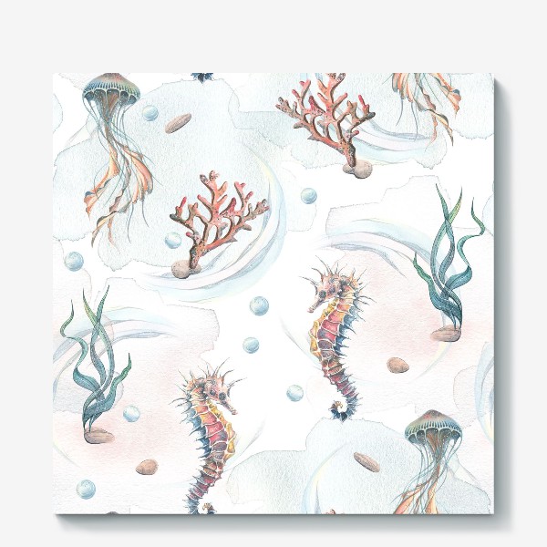 Холст &laquo;Морской, акварельный паттерн с морским коньком, медузой и кораллами.&raquo;