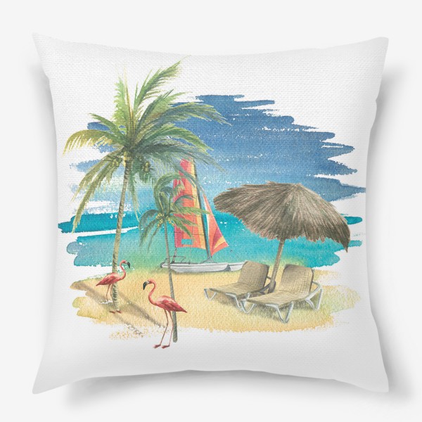 Подушка «Тропический пляж с яхтой, пальмами и розовыми фламинго. Акварель»