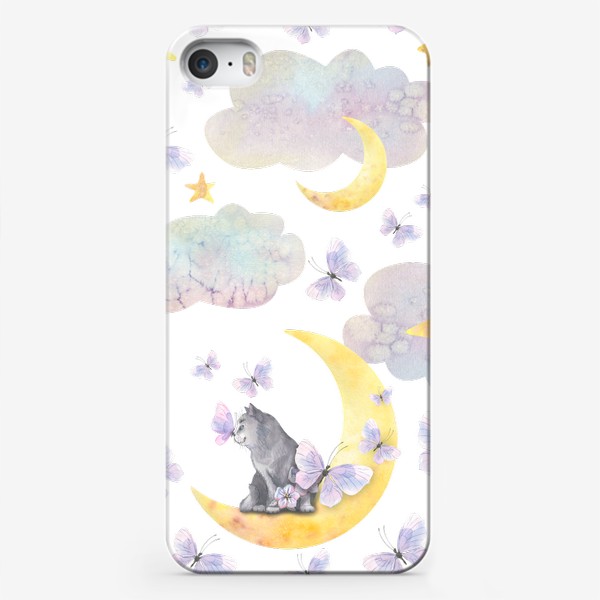 Чехол iPhone «Серые котики в небе с облаками и месяцем, звездами. Акварельный паттерн.»