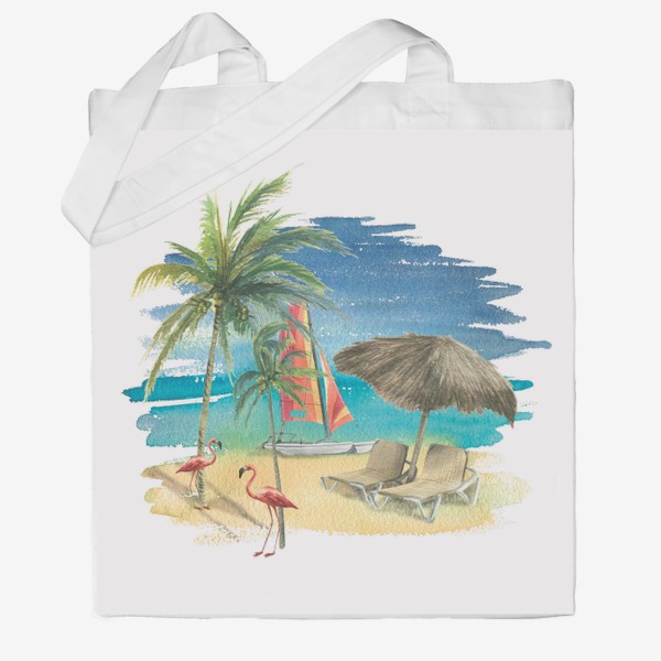 Сумка хб «Тропический пляж с яхтой, пальмами и розовыми фламинго. Акварель»